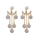 Dongdaemun Pearl Rhinestone Tassel Earrings S925 Silver Needle