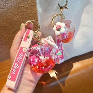 Pink Strawberry Flower Keychain Liquid Floating Bear Doll Acrylic Keyring