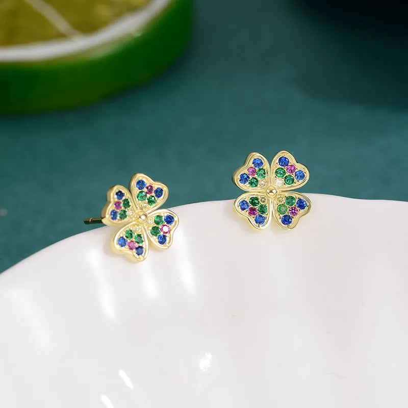 925 Silver Clover Zircon Stud Earrings Colorful Brincos