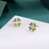 925 Silver Clover Zircon Stud Earrings Colorful Brincos
