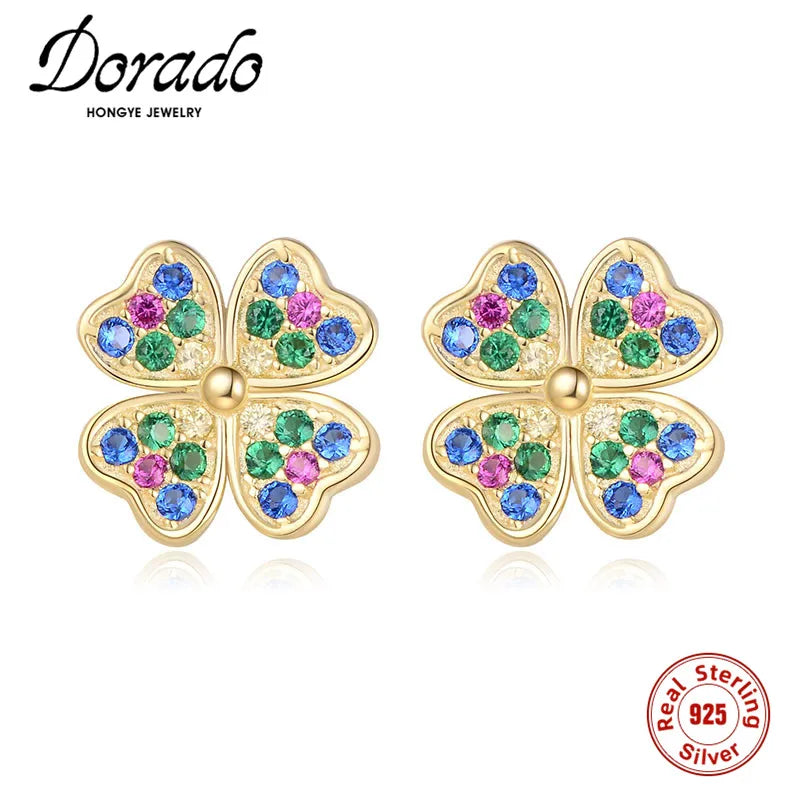 925 Silver Clover Zircon Stud Earrings Colorful Brincos