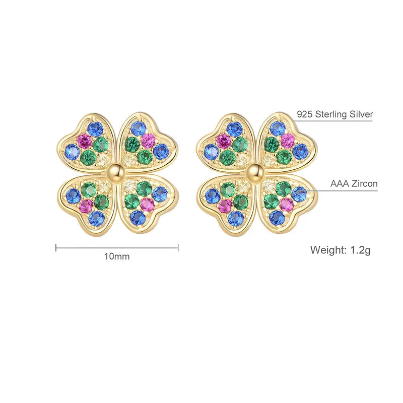 925 Silver Clover Zircon Stud Earrings Colorful Brincos