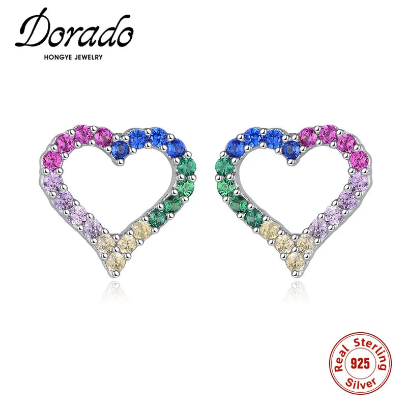 925 Silver Zircon Small Stud Earrings Hollow Heart Brincos Party