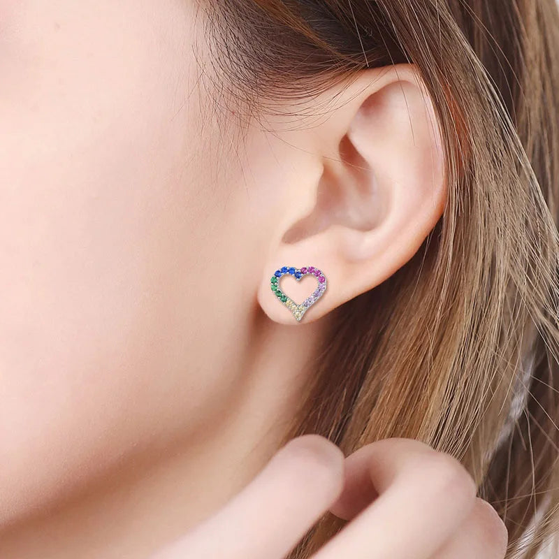 925 Silver Zircon Small Stud Earrings Hollow Heart Brincos Party
