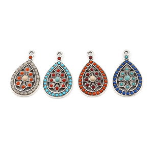 Boho Bohemia Charms Drop Antique Silver Rhinestone 29mm x 17mm, 5 PCs
