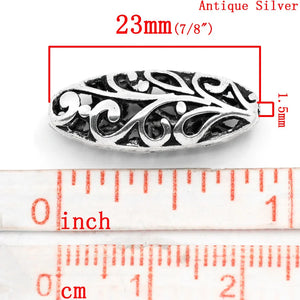 Spacer Beads Oval Silver Flower Carved 23x10mm 20PCs