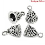 Christmas Bell Silver Flower Pattern Charm Pendants, 10PCs