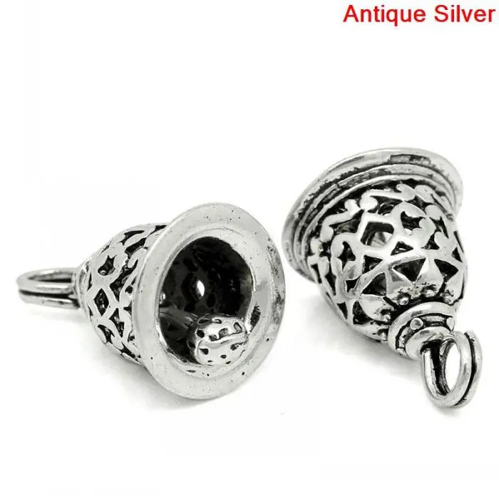Christmas Bell Silver Flower Pattern Charm Pendants, 10PCs