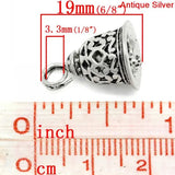 Christmas Bell Silver Flower Pattern Charm Pendants, 10PCs