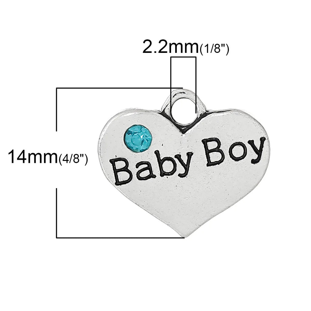 Heart Silver Charm Pendant Baby Girl Pink Rhinestone 17.0mm x 15.0mm