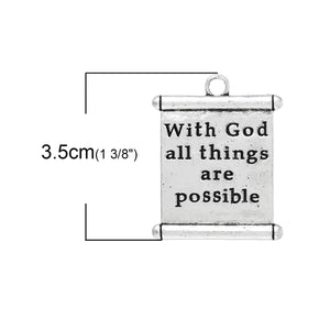 Rectangle Silver Charm Pendants Message Pattern Carved 35mm x 28mm