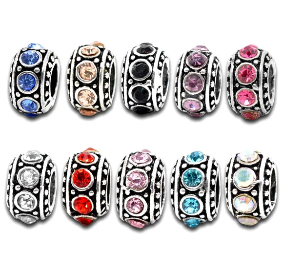 Silver Rhinestone Spacer Beads for European Charm Bracelets, 50PCs