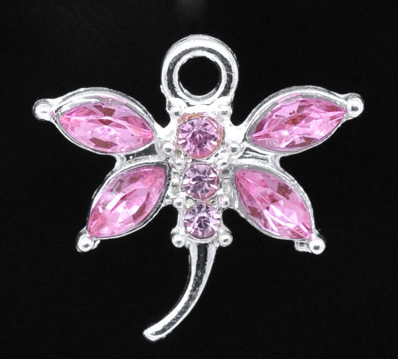 10PCs Pink Rhinestone Dragonfly Charm Pendants DIY Jewelry Making