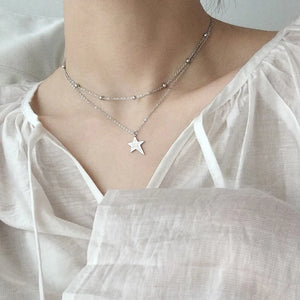 925 Silver Necklace Star Pendant Round Bead Chain Romantic Jewelry Gift