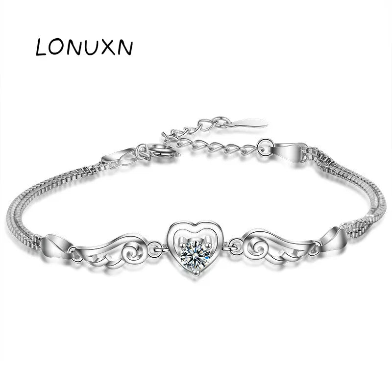 Crystal Double Angel Wings Heart Charm Bracelet with Purple Crystal Bangle