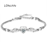 Crystal Double Angel Wings Heart Charm Bracelet with Purple Crystal Bangle