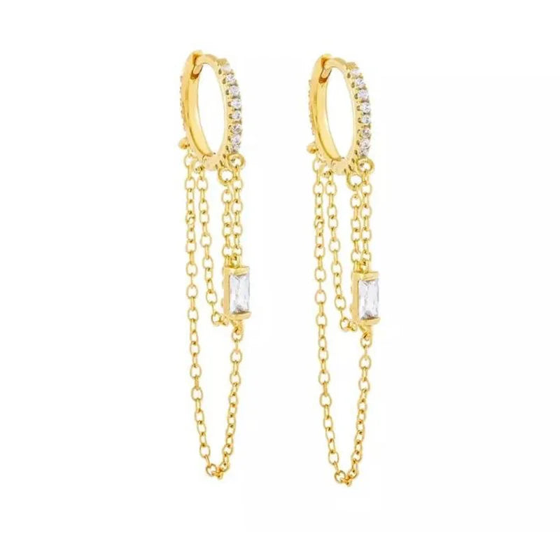 Double Chain Hoop Earrings Crystal Dangle Tassel Earrings