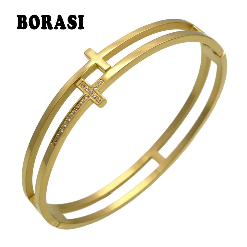 Double Cross Punk Bracelet Stainless Steel Cuff
