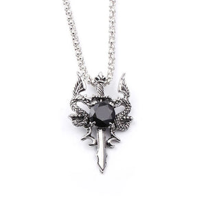 Double Dragon Sword Necklace Red Crystal Pendant Dragon Amulet Necklace Alloy