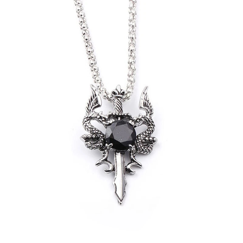Double Dragon Sword Necklace Red Crystal Pendant Dragon Amulet Necklace Alloy