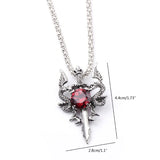 Double Dragon Sword Necklace Red Crystal Pendant Dragon Amulet Necklace Alloy