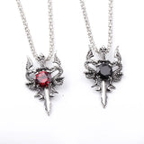 Double Dragon Sword Necklace Red Crystal Pendant Dragon Amulet Necklace Alloy