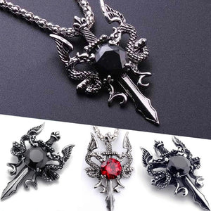 Double Dragon Sword Necklace Red Crystal Pendant Dragon Amulet Necklace Alloy