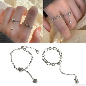 Heart Chain Ring Tassel Dangle Statement Open Adjustable