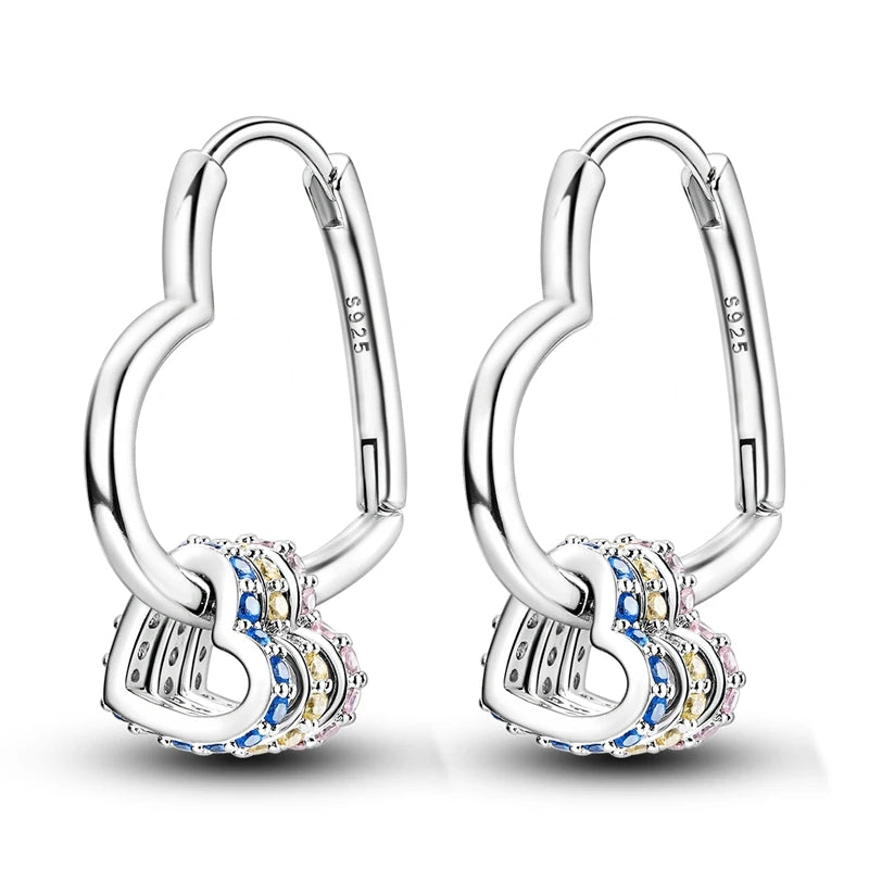 Double Heart Pave Zircon Star Earrings 925 Sterling Silver Hoops For Women