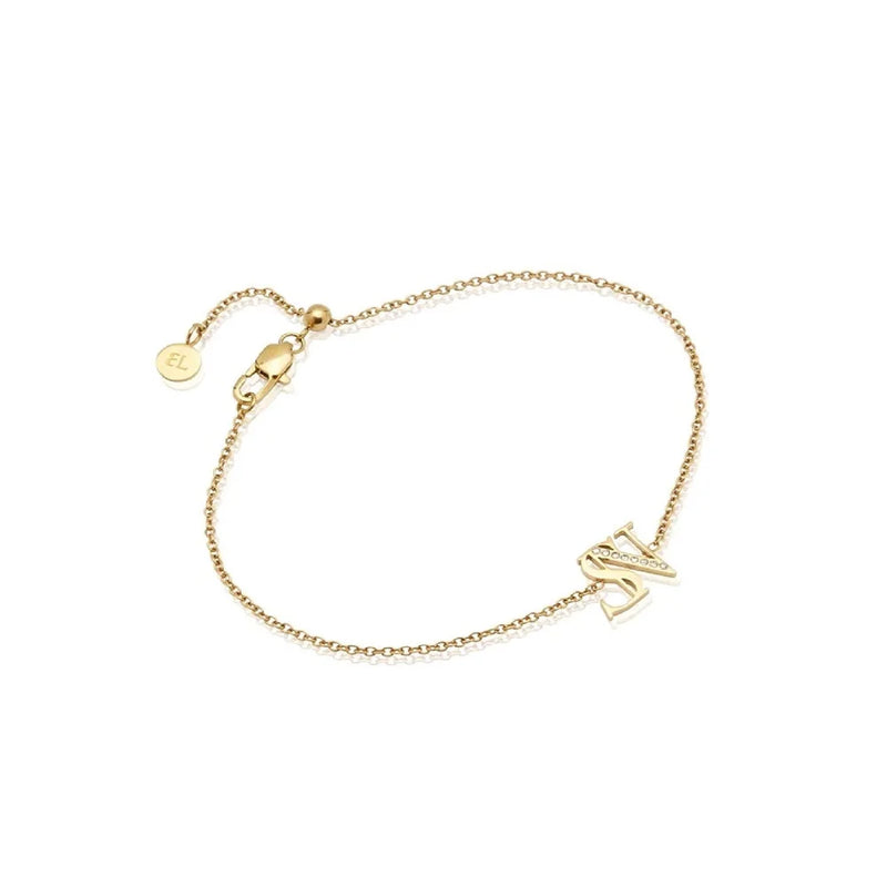 Double Initial Crystal Bracelet Diamond Letter Pendant 18K Bangle