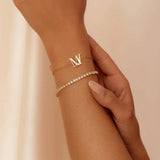 Double Initial Crystal Bracelet Diamond Letter Pendant 18K Bangle