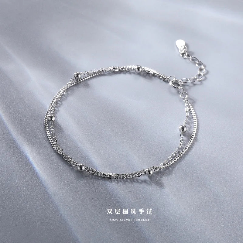 Double Layer 925 Sterling Silver Chain Bracelets Wedding Gift Lucky Jewelry