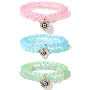 Double Layer Beads Bracelet Lucky Heart Evil Eye Charm Bracelet