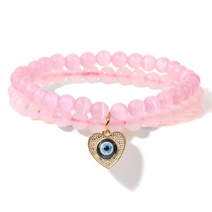 Double Layer Beads Bracelet Lucky Heart Evil Eye Charm Bracelet