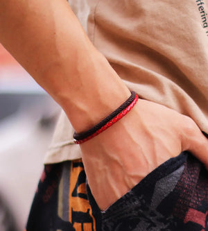 Men's Red Leather Double Layer Bracelet with Magnetic Buckle Charm