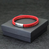 Men's Red Leather Double Layer Bracelet with Magnetic Buckle Charm