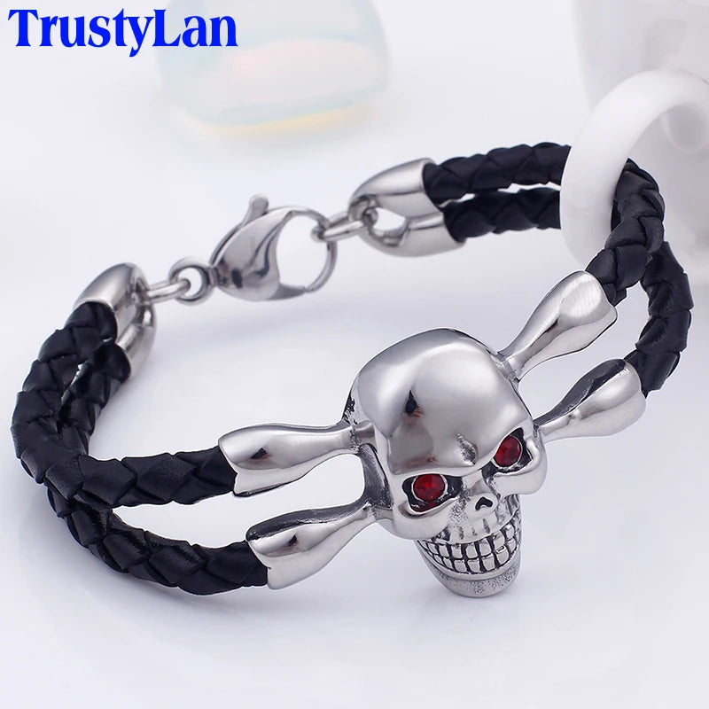 Skull Leather Wrap Bracelet Stainless Steel Men's Jewelry