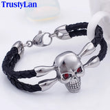 Skull Leather Wrap Bracelet Stainless Steel Men's Jewelry