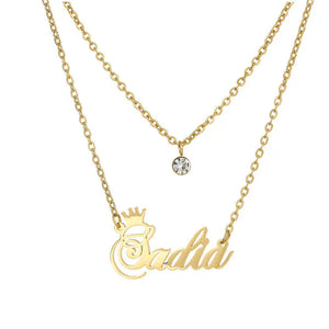 Double Layer Chain Name Pendant Necklace Stainless Steel Zircon Plated