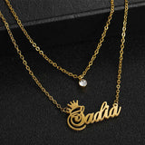 Double Layer Chain Name Pendant Necklace Stainless Steel Zircon Plated