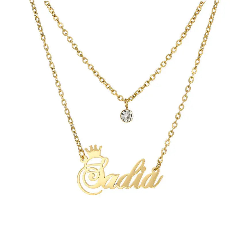 Double Layer Chain Name Pendant Necklace Stainless Steel Zircon Plated
