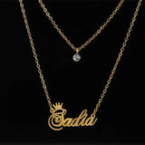 Double Layer Chain Name Pendant Necklace Stainless Steel Zircon Plated