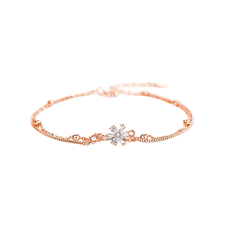 Double Layer Chain CZ Flower Bracelet & Rose Earrings Set