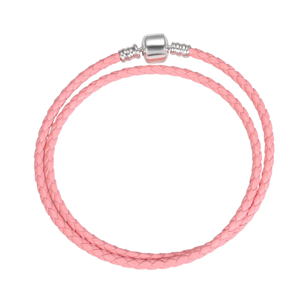 Double Layer Cowhide Bracelet 925 Silver Pink Leather Cord Bangle