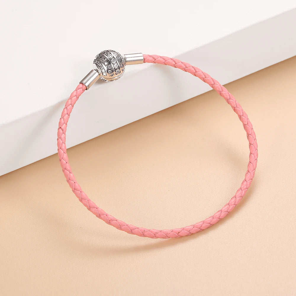 Double Layer Cowhide Bracelet 925 Silver Pink Leather Cord Bangle