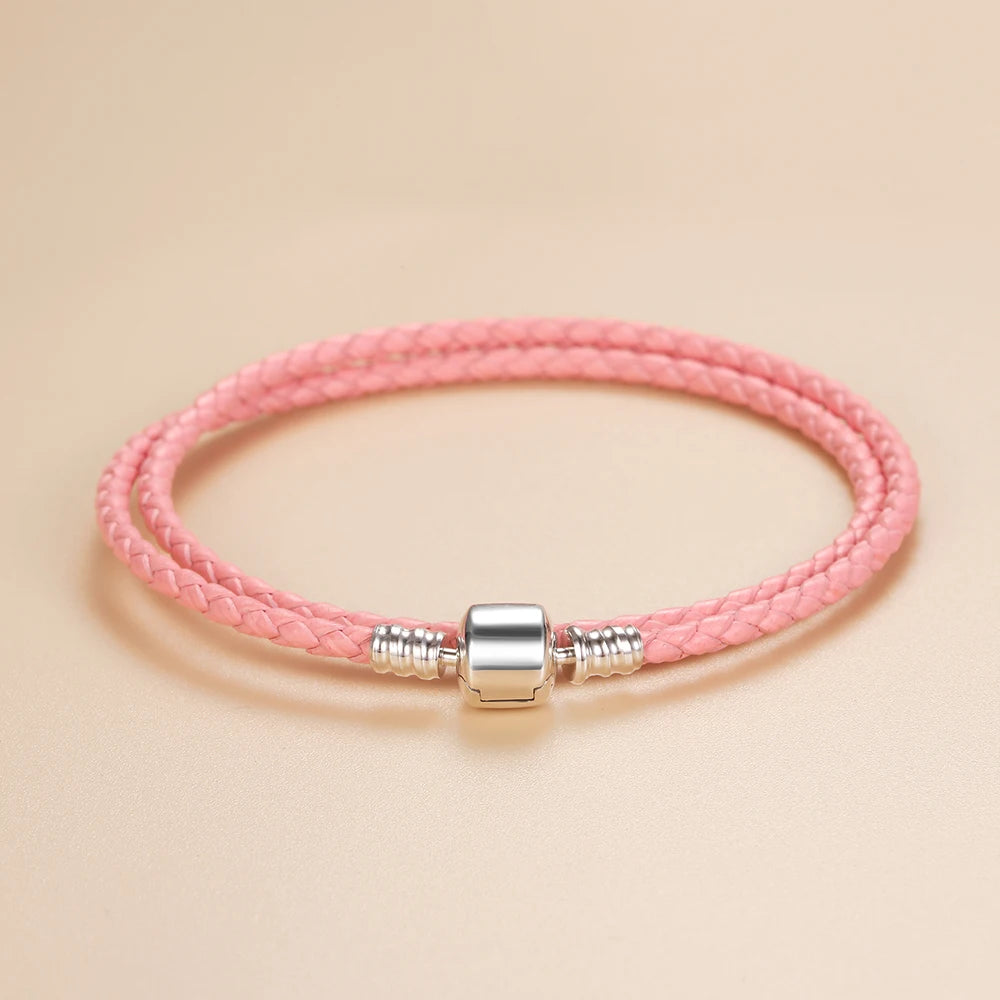 Double Layer Cowhide Bracelet 925 Silver Pink Leather Cord Bangle