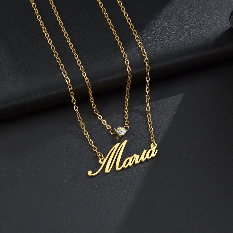 Double Layer Name Necklace Zirconia Pendant Birthday Gift