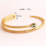Double Layer Copper Green Eye Zircon Snake Bangles Cuff Bracelets