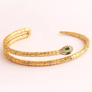 Double Layer Copper Green Eye Zircon Snake Bangles Cuff Bracelets