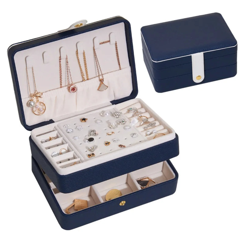 Double Layer Jewelry Organizer Box Necklace Earrings Leather Storage Case
